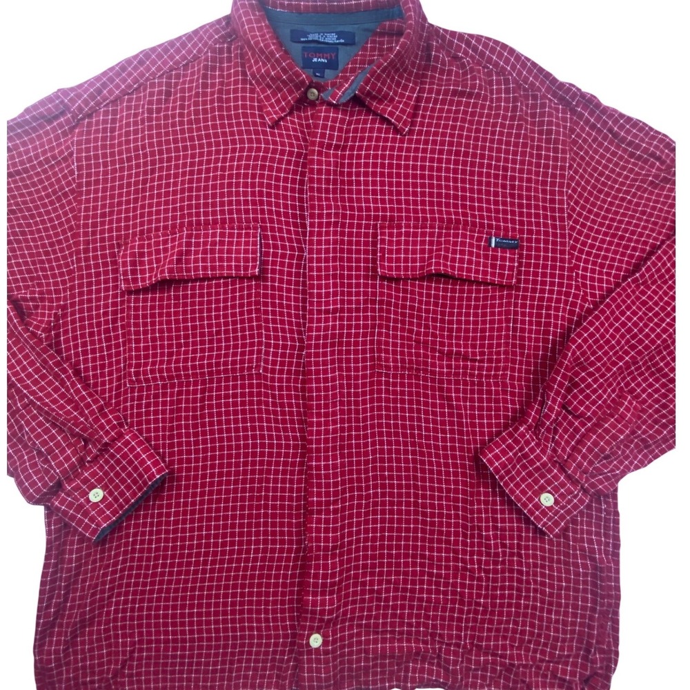 Tommy Jeans Mens XL Red Grid‎ Plaid Rayon Button Down Shirt Vintage 2000s L/S